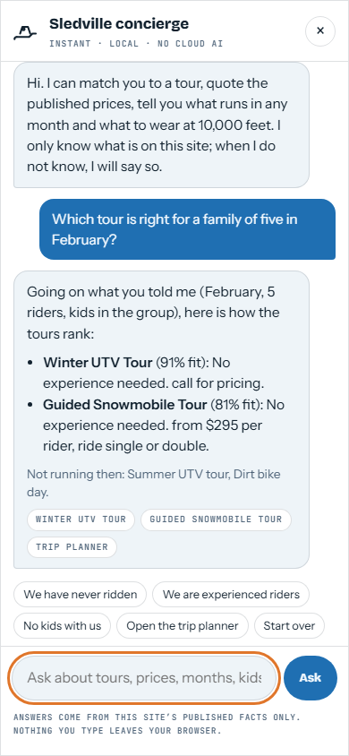 The sledville.com AI concierge answering a visitor question